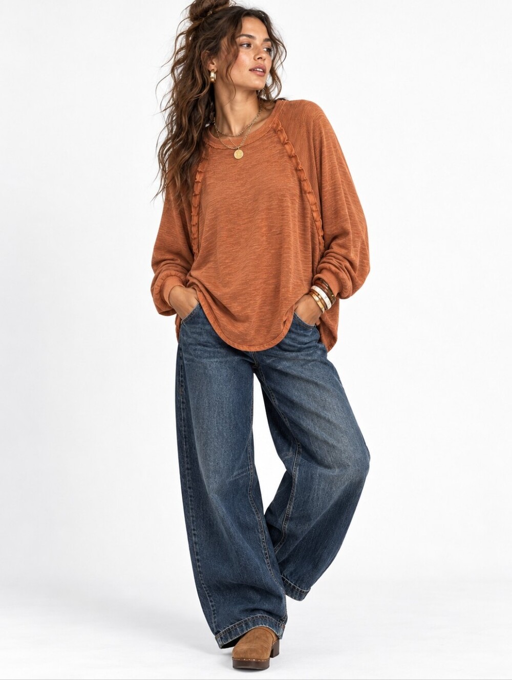 Pilcro Anthropologie Diana Ruffled Raglan Top Burnt Orange Medium